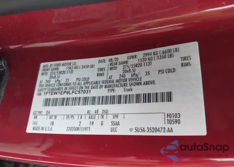 2020 Ford F-150 Xlt z USA, uszkodzony, nr VIN 1FTEW1EP9LFC57031